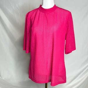 Anthropologie Pink Boxy Mandarin Collar Short Sleeve Sheer Puckered Blouse XL